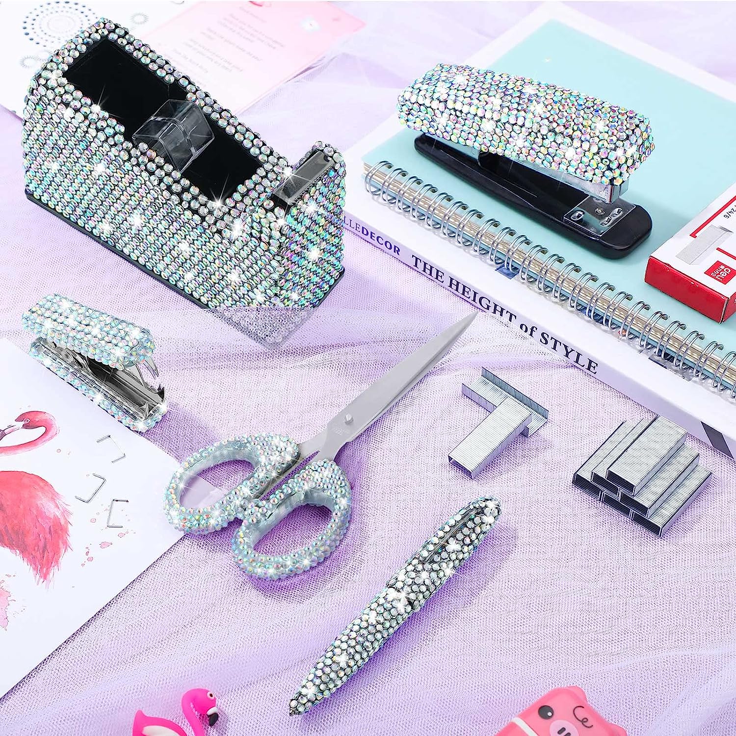 6 Pack Bling Office Stationery Set Desk Accessory Office Set Includes Pen Scissor Stapler Staple Remover 1000 Pcs Staples Tape Dispenser with Diamond Inlay for Office Home Desk Supplies (Silver) - Image 7